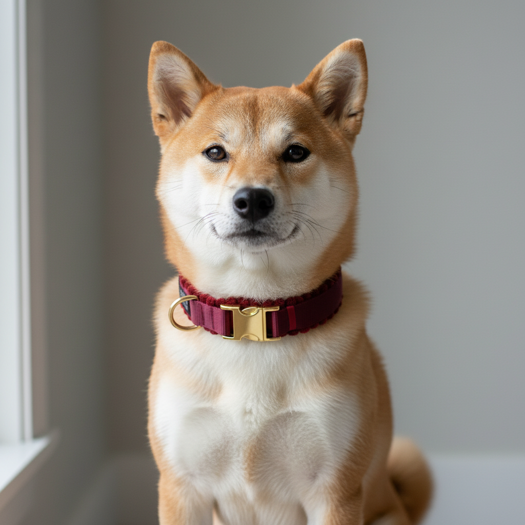 GARFY DOGWEAR Burgundy Collar on Shiba Inu Sitting